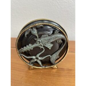 Vintage Enameled‎ Brass 6 Coaster Set Sea Creature Design Footed Holder MCM